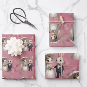 Cute Wedding Bunny Couple Holding Hands Wrapping Paper Sheet