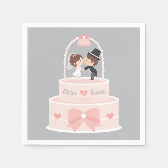 Cute Wedding Cake Bride Groom Personalised Napkins (Front)