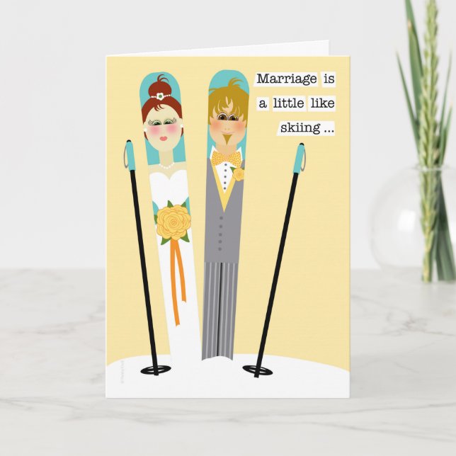 Cute Wedding Congratulations Snow Skiing Couple Card (Front)