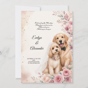 Cute Wedding Dogs Blush Pink Floral Watercolor Invitation
