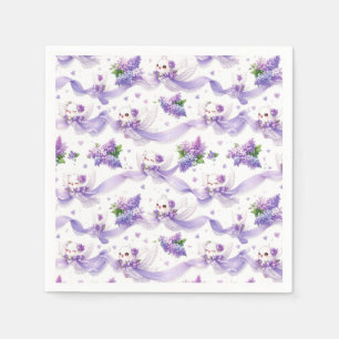 Cute Wedding Doves with Lilacs and Ribbons Napkin