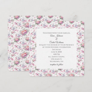 Cute Wedding Doves with Pink Peonies and Ribbons Invitation
