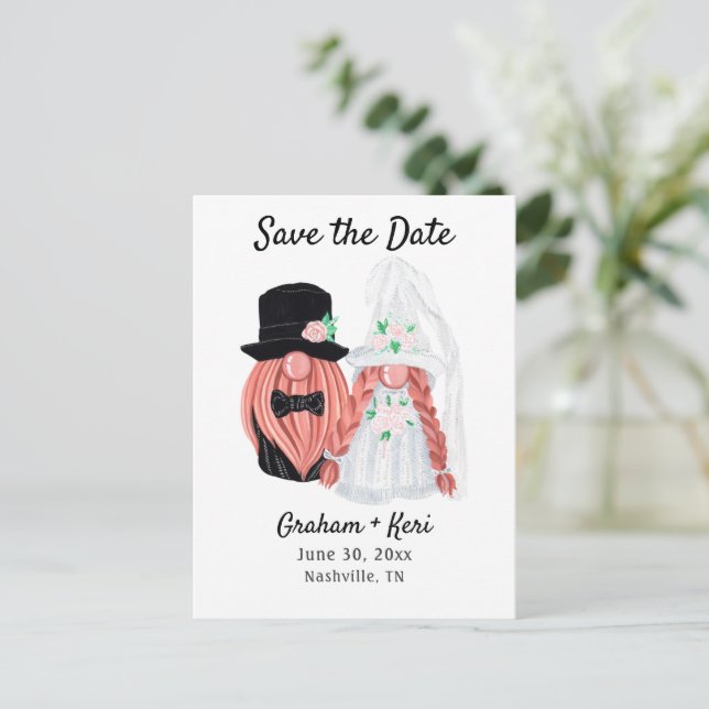 Cute Wedding Gnome Couple Save the Date Announcement Postcard (Standing Front)