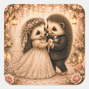 Cute Wedding Hedgehog Couple Square Sticker