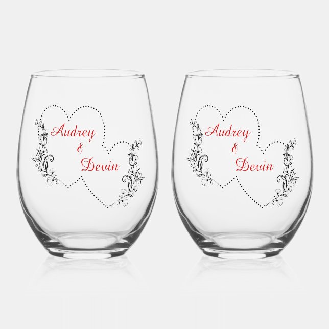 Cute Wedding Keepsake Stemless Wine Glass (Front)