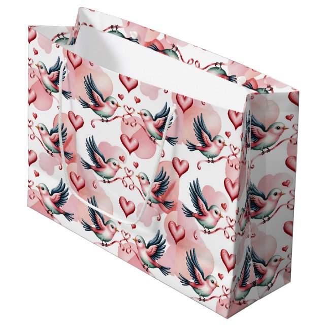 Cute Wedding love birds tiled  Large Gift Bag (Front Angled)