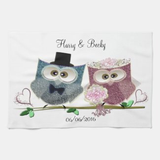 Cute Wedding Owls Personalise Tea Towel