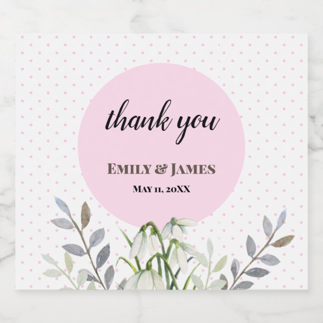 Cute Wedding White Snowdrops Pink Polka Dots Beer Bottle Label (Single Label)