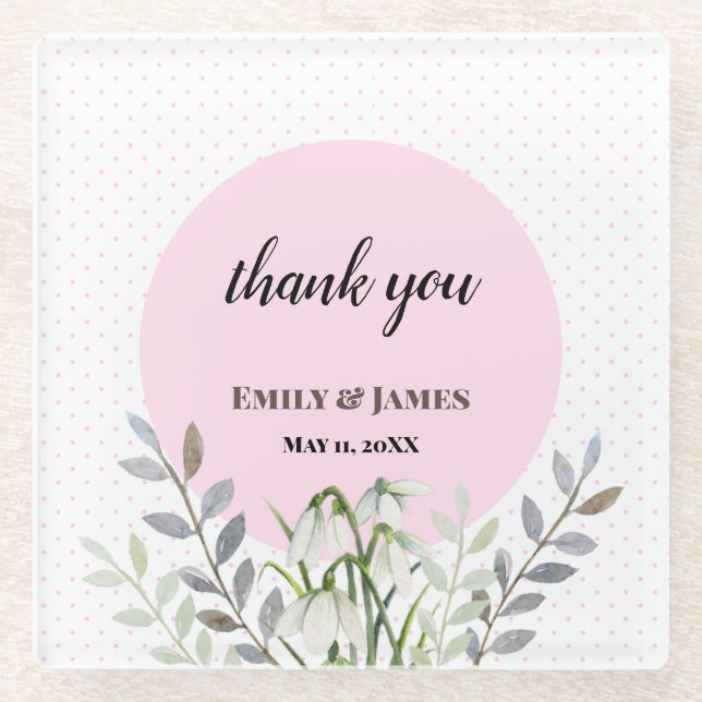 Cute Wedding White Snowdrops Pink Polka Dots Glass Coaster (Front)