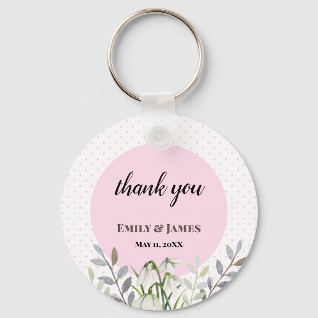Cute Wedding White Snowdrops Pink Polka Dots Key Ring (Front)