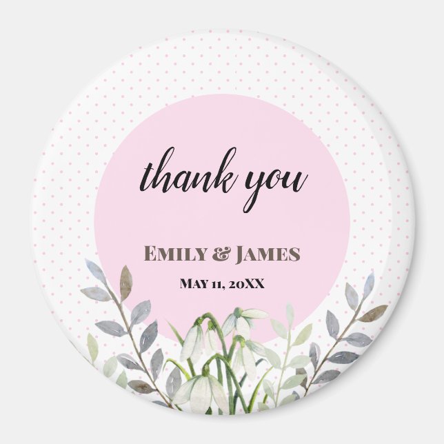 Cute Wedding White Snowdrops Pink Polka Dots Magnet (Front)