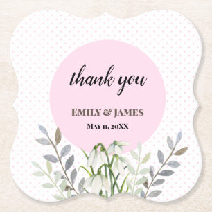 Cute Wedding White Snowdrops Pink Polka Dots Paper Coaster