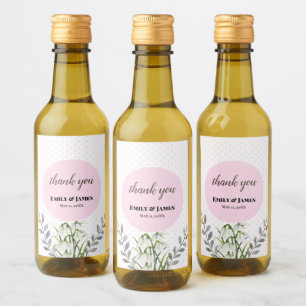 Cute Wedding White Snowdrops Pink Polka Dots Wine Label