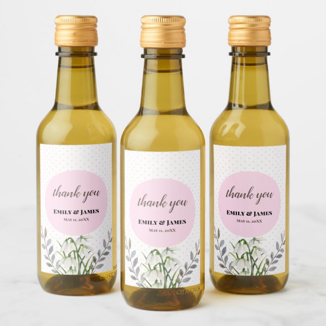 Cute Wedding White Snowdrops Pink Polka Dots Wine Label (Bottles)