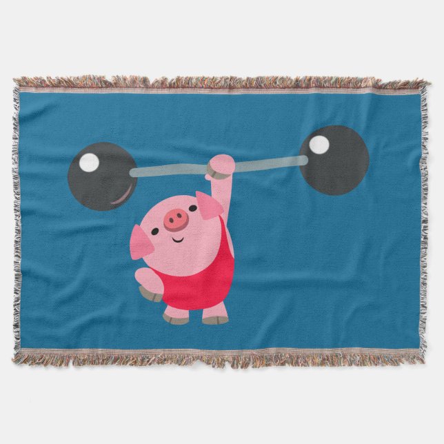Cute Weightlifting Cartoon Pig Throw Blanket (Front)