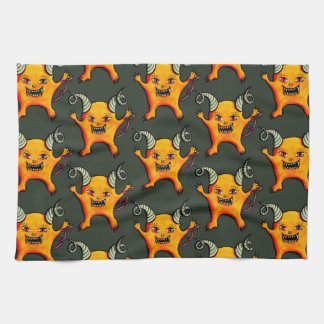 Cute Weird Horned Little Devil Creature Pattern Tea Towel