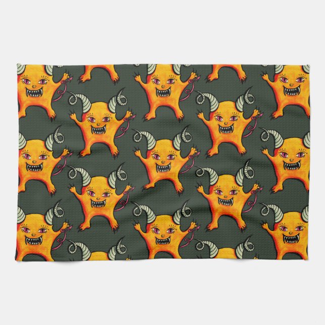 Cute Weird Horned Little Devil Creature Pattern Tea Towel (Horizontal)
