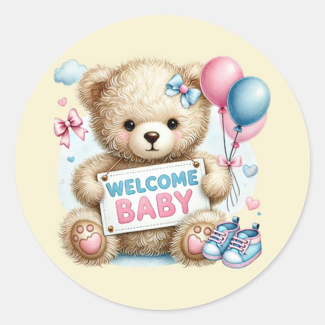 Cute welcome baby bear  classic round sticker (Front)