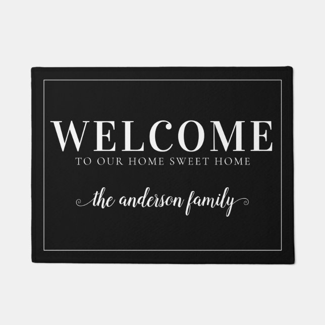 Cute Welcome Family Name Calligraphy Script Black Doormat (Front)