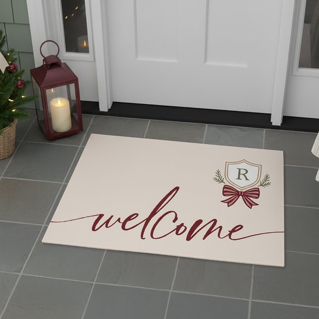 Cute Welcome Monogram Crest Holiday Bow Christmas Doormat (Shown on a 24" x 36" doormat)