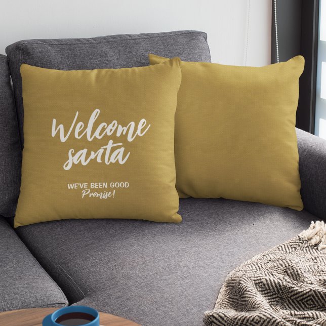 Cute "Welcome Santa" Christmas Holiday Gold Cushion (Creator Uploaded)