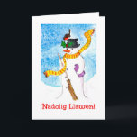 Cute Welsh Christmas Card, Snowman and Robin Holiday Card<br><div class="desc">A fun Christmas Card with Happy Christmas in Welsh and a robin that has landed on the snowman's hat and is enjoying the holly berries. From a whimsical,  hand-painted illustration by Judy Adamson.</div>