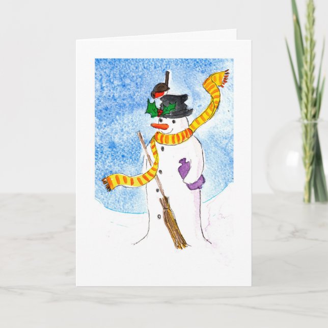 Cute Welsh Christmas Card, Snowman and Robin Holiday Card (Front)