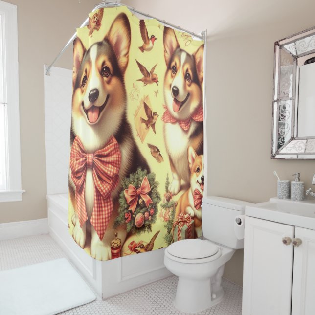 Cute Welsh Corgi Cardigan Illustration Shower Curtain (In Situ)