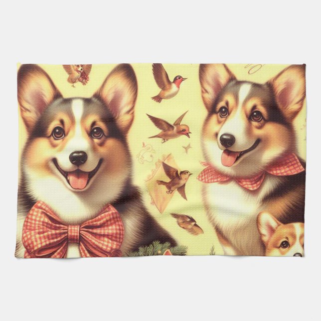 Cute Welsh Corgi Cardigan Illustration Tea Towel (Horizontal)