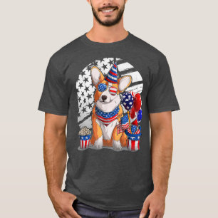 Cute Welsh Corgi Dog Sunglasses American Flag 4th T-Shirt