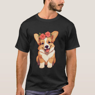 Cute Welsh Corgi in a Floral Headband Red Bandana T-Shirt