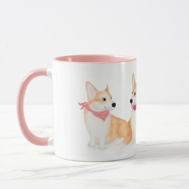 Cute Welsh corgis wearing pink bandanas mug (Left)