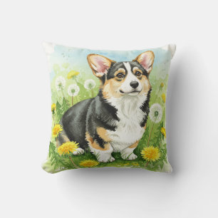 Cute Welsh Pembroke Corgi Dandelions Pillow