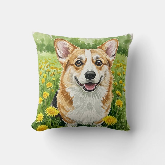 Cute Welsh Pembroke Corgi Dandelions Pillow (Front)