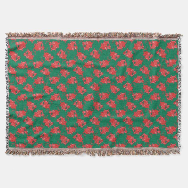 Cute Welsh Red Dragons on Green Background Pattern Throw Blanket (Front)