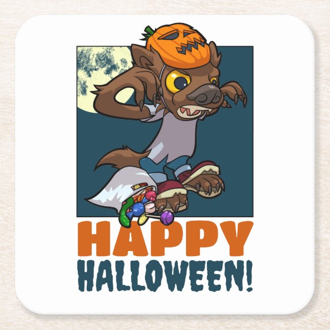 Cute Werewolf Happy Halloween! Trick Or Treat Art Square Paper Coaster (Front)