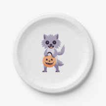 Cute Werewolf with Trick or Treat Bag Paper Plates