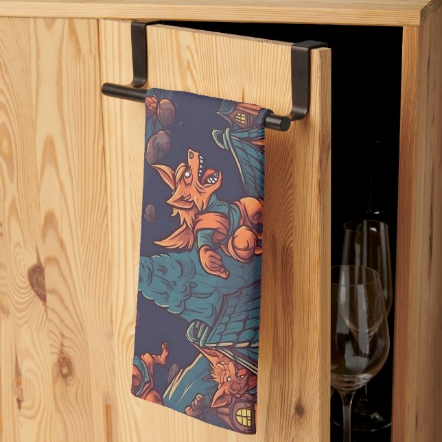 Cute Werewolves Running Around a Village Tea Towel (Thirds Fold)