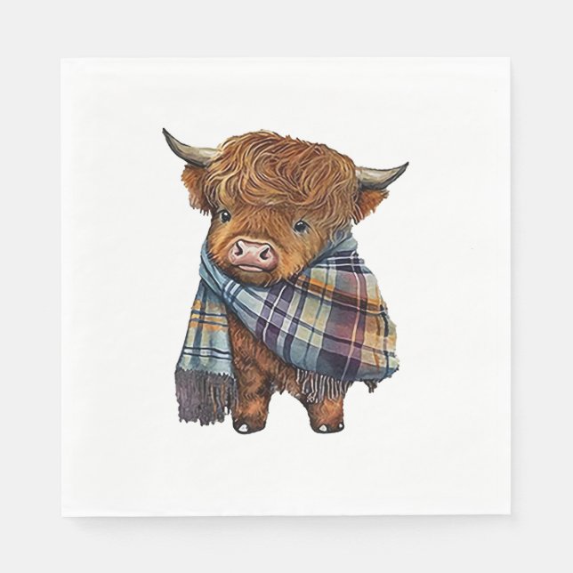 Cute West Highland Cow Baby With Plaid Scarf Wrapp Napkin (Front)