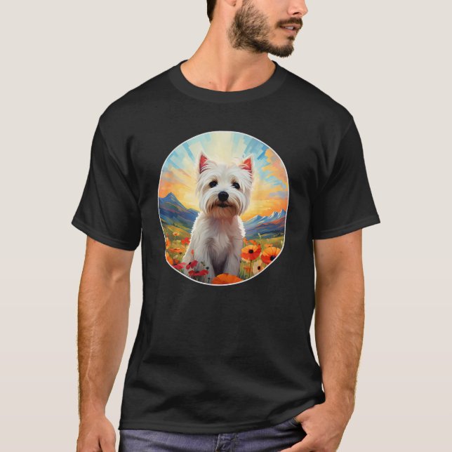 Cute West Highland Terrier Westie Flower Mountain  T-Shirt (Front)