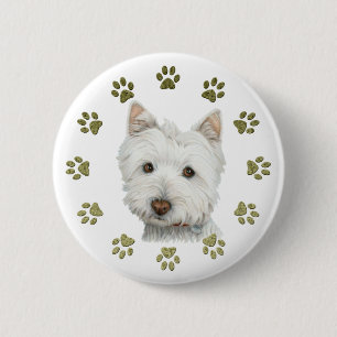 Cute West Highland White Terrier Dog and Paws 6 Cm Round Badge