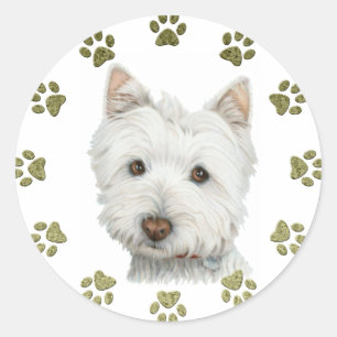 Cute West Highland White Terrier Dog and Paws Classic Round Sticker