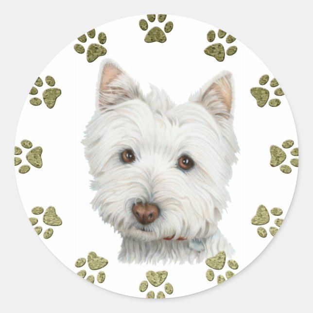 Cute West Highland White Terrier Dog and Paws Classic Round Sticker (Front)