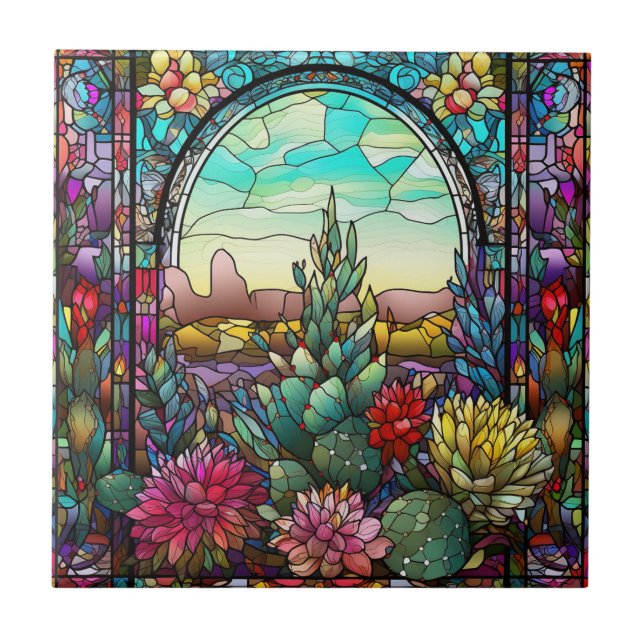 cute western cactus lovers stained glass  tile (Front)
