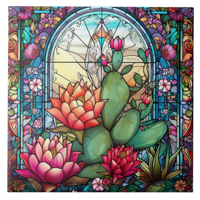 cute western cactus lovers stained glass  tile (Front)