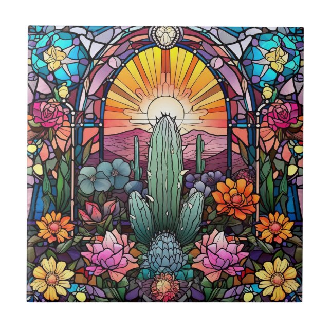 cute western cactus lovers stained glass tile (Front)