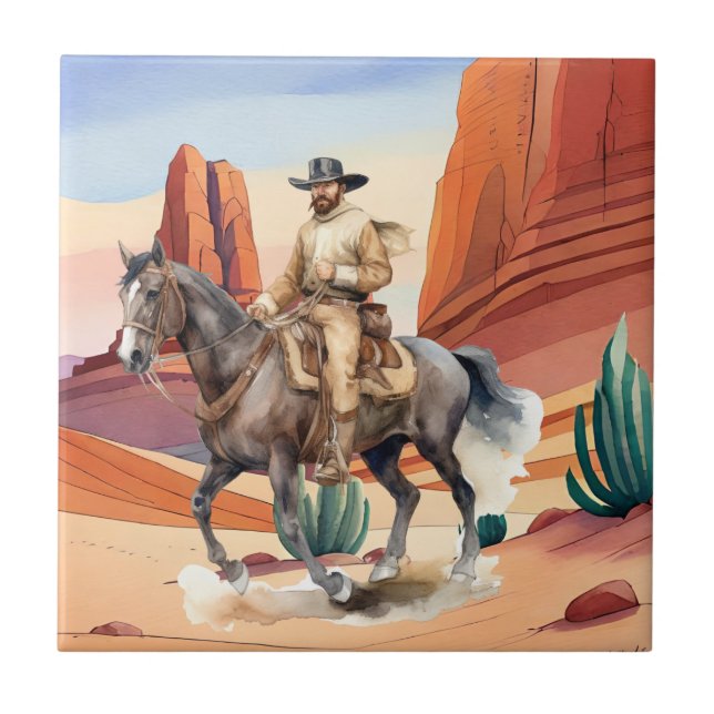 cute Western cowboy desert  Tile (Front)