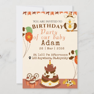 Cute Western Cowboy Farm Animals First Birthday In Invitation