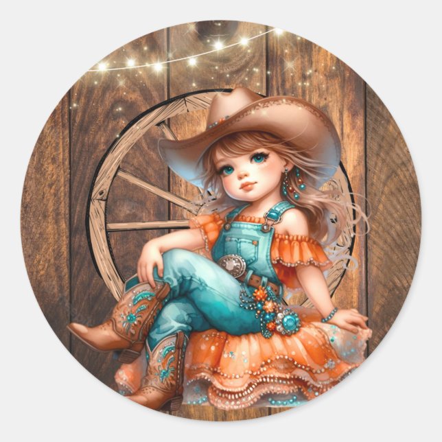 Cute Western Cowgirl Birthday Party Classic Round Sticker (Front)