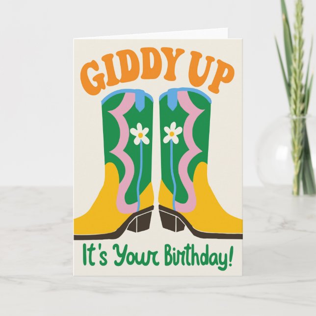 Cute Western Cowgirl Boots Retro Floral Birthday Card (Front)
